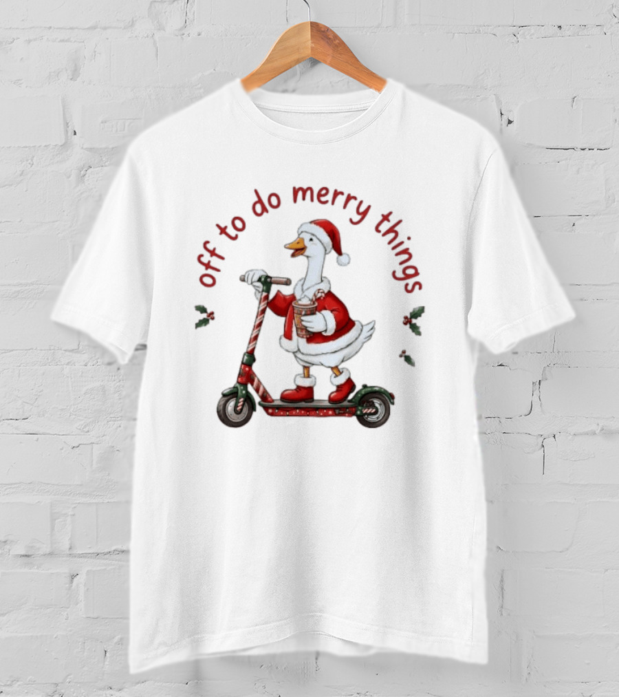Christmas Goose On Scooter Off To Do Merry Things Santa Hat Festive Holiday Fun T-Shirt