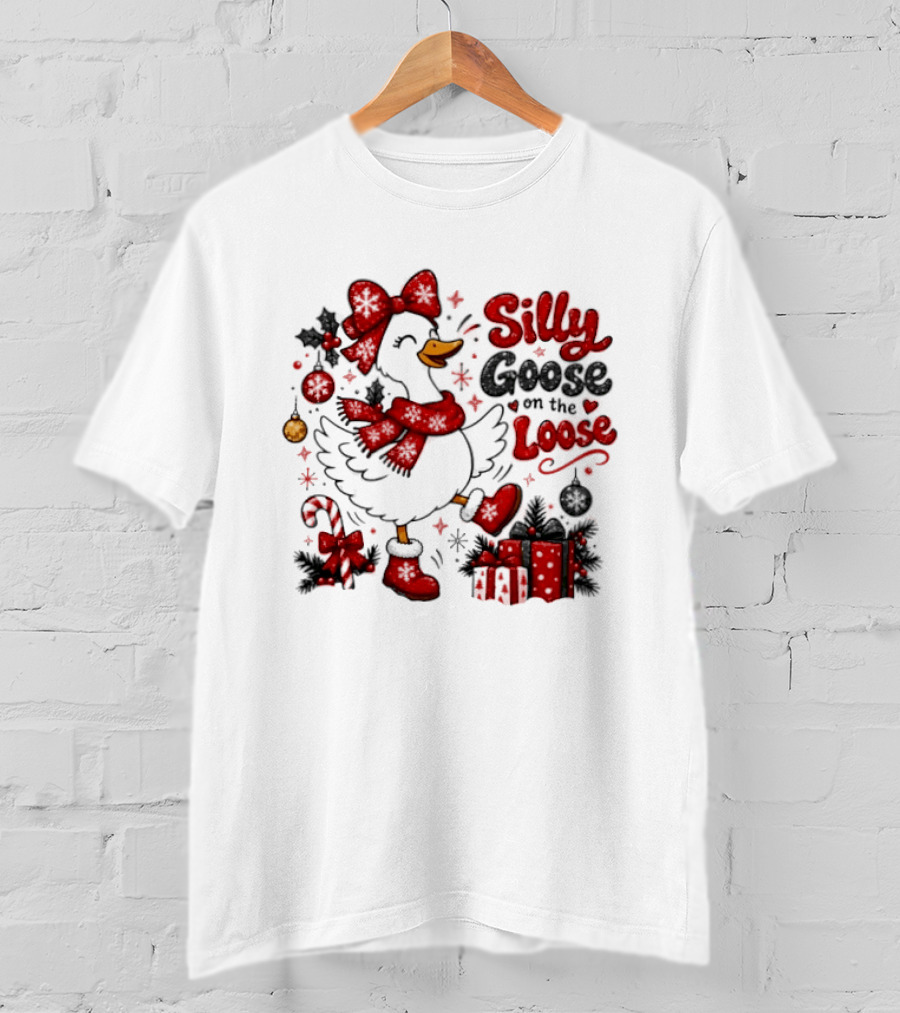 Silly Goose On The Loose Christmas Holiday Goose With Presents And Candy Cane T-Shirt