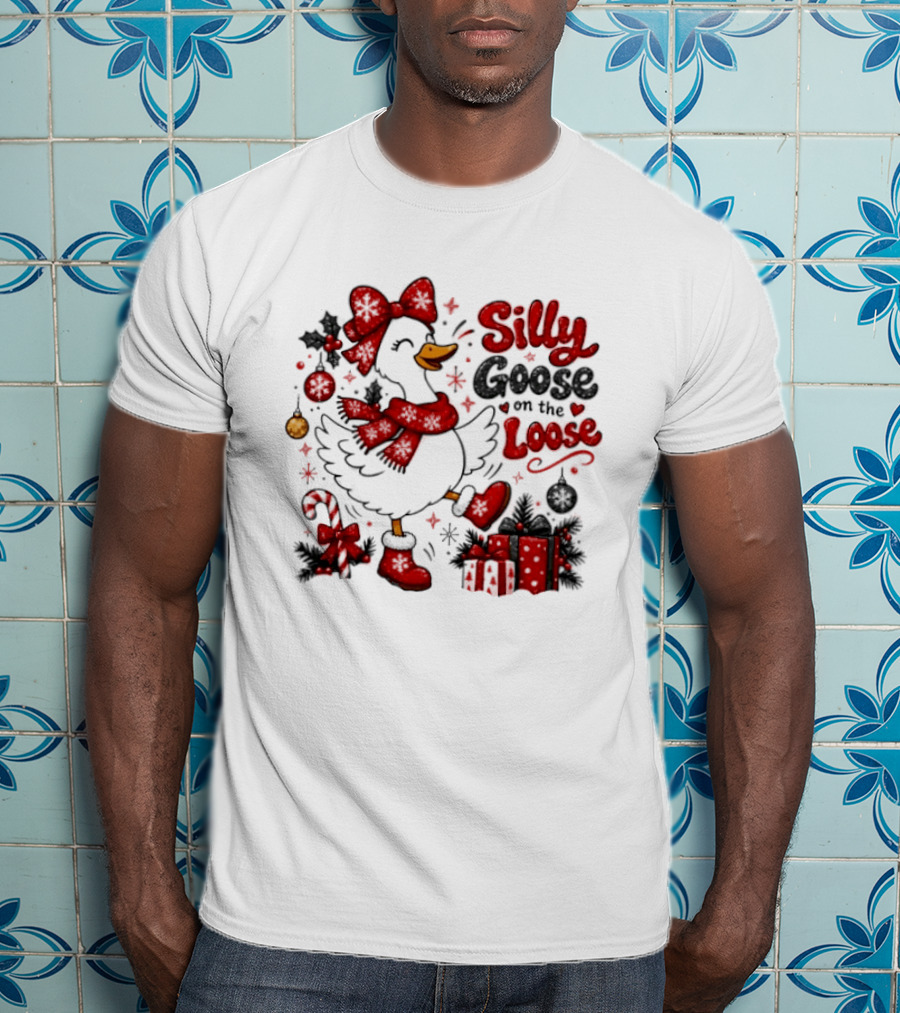 Silly Goose On The Loose Christmas Holiday Goose With Presents And Candy Cane T-Shirt