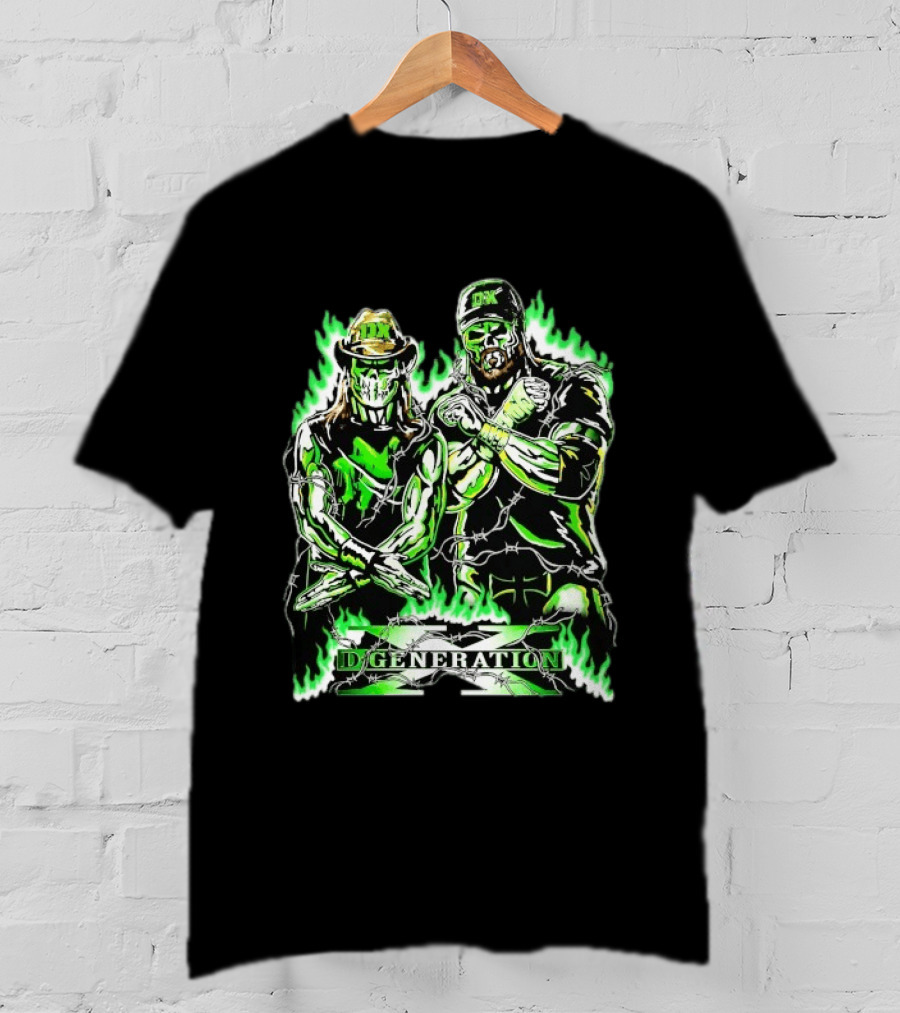 Degeneration X DX WWE Warren Lotas Barbed Wire Green Flame T-Shirt
