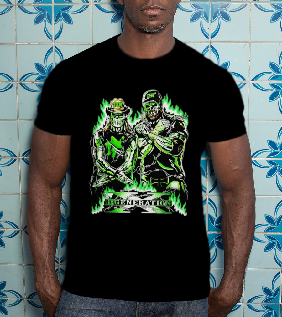 Degeneration X DX WWE Warren Lotas Barbed Wire Green Flame T-Shirt