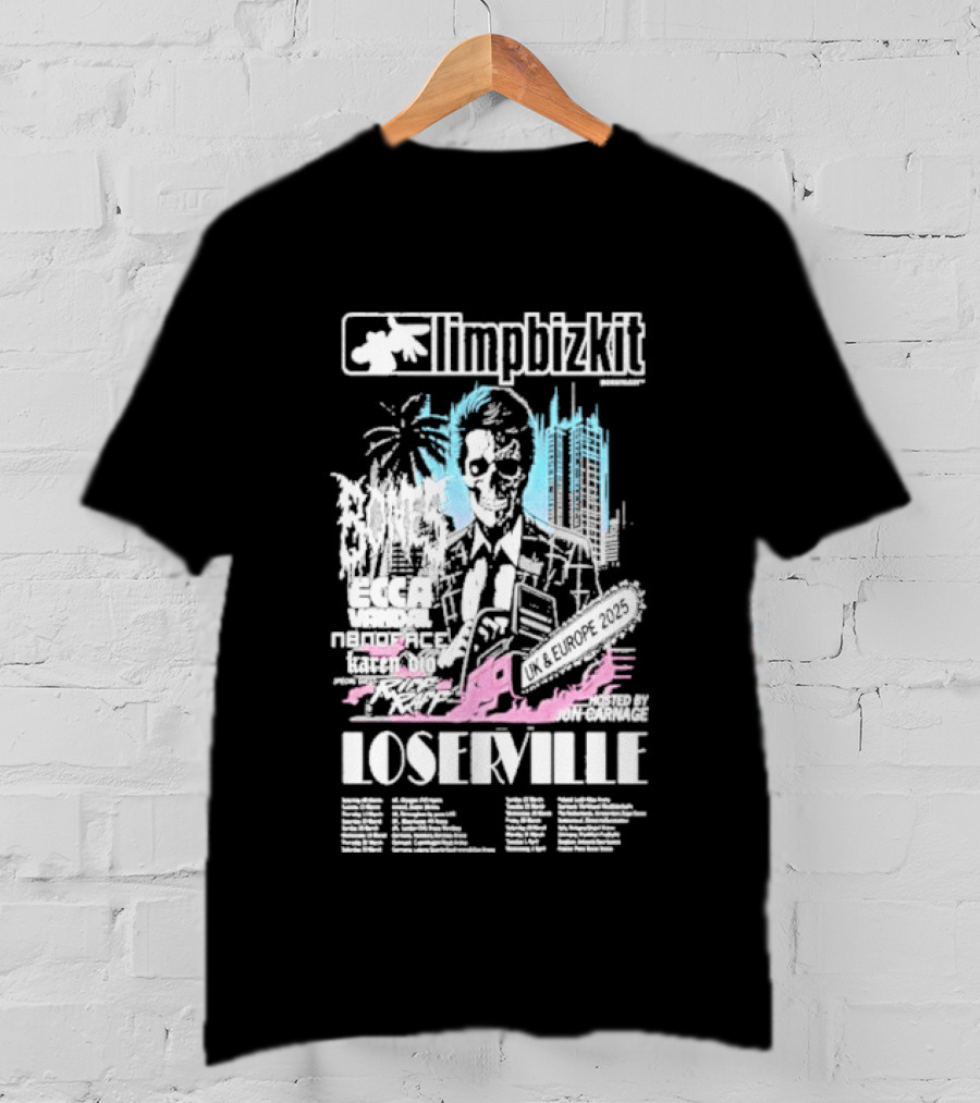 Limp Bizkit Loserville UK Europe Tour 2025 Pastel Artwork Palm Trees And Cityscape T-Shirt