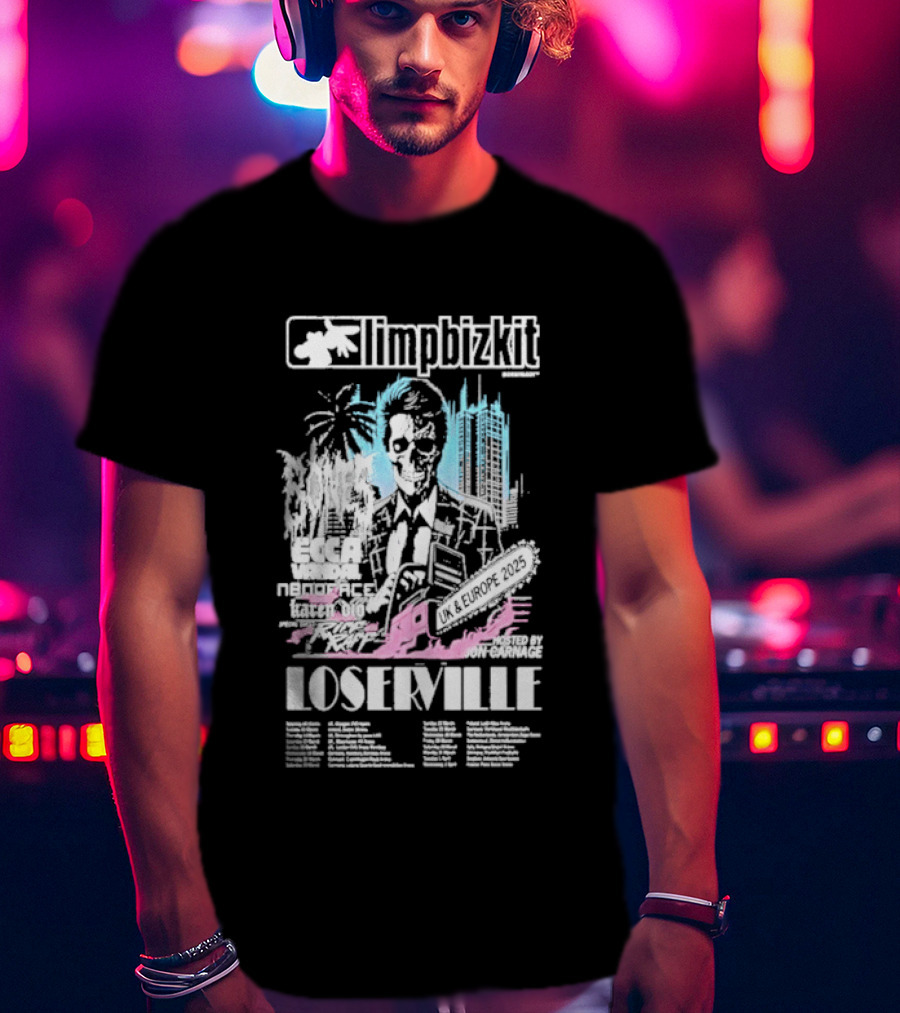Limp Bizkit Loserville UK Europe Tour 2025 Pastel Artwork Palm Trees And Cityscape T-Shirt