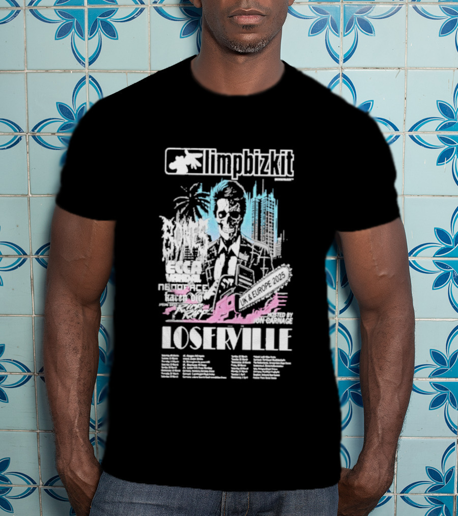 Limp Bizkit Loserville UK Europe Tour 2025 Pastel Artwork Palm Trees And Cityscape T-Shirt