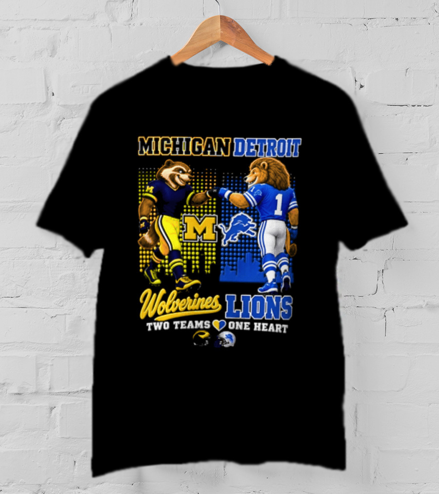 Michigan Detroit Wolverines Lions Two Teams One Heart T-Shirt