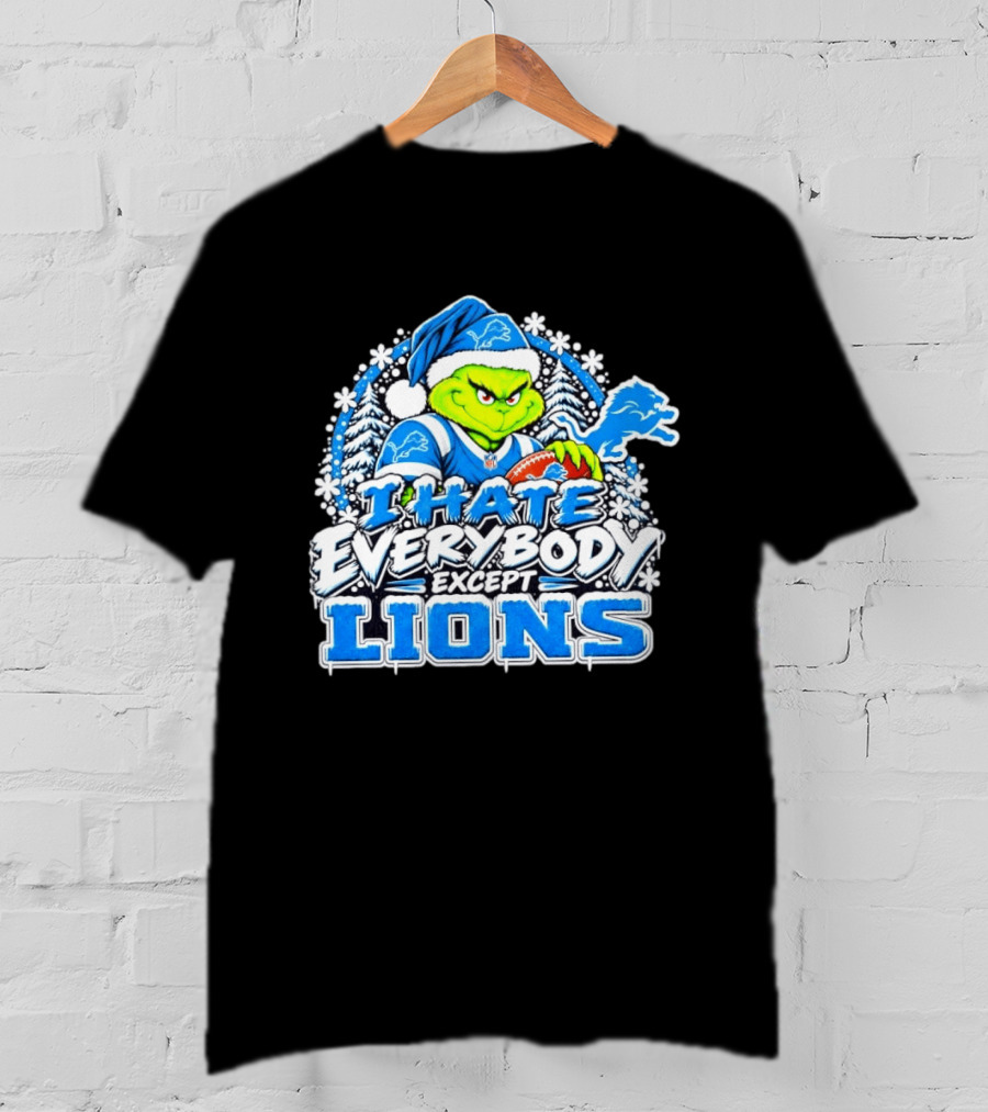 I Hate Everybody Except Detroit Lions Grinch Christmas Football T-Shirt