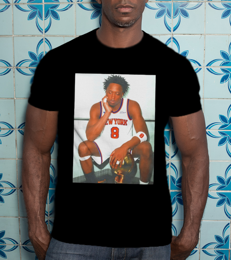 New York Knicks OG Anunoby Wearing Number 8 Jersey Holding Trophy T-Shirt