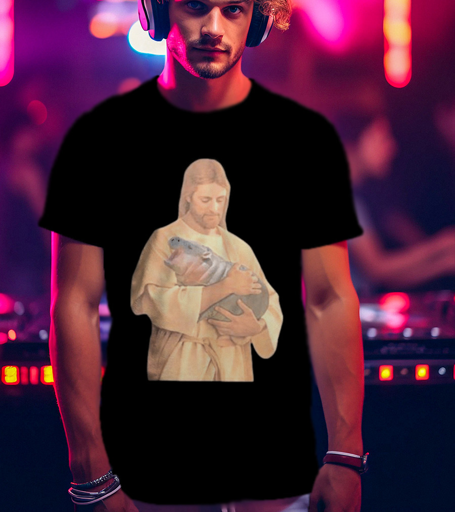 Jesus Moo Deng Hippopotamus Embrace T-Shirt