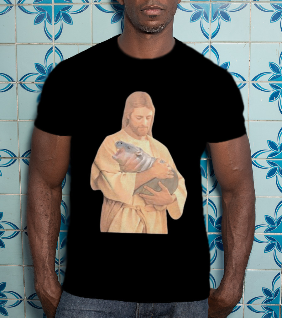 Jesus Moo Deng Hippopotamus Embrace T-Shirt