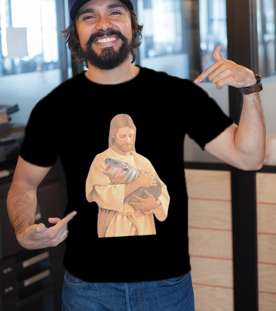 Jesus Moo Deng Hippopotamus Embrace T-Shirt