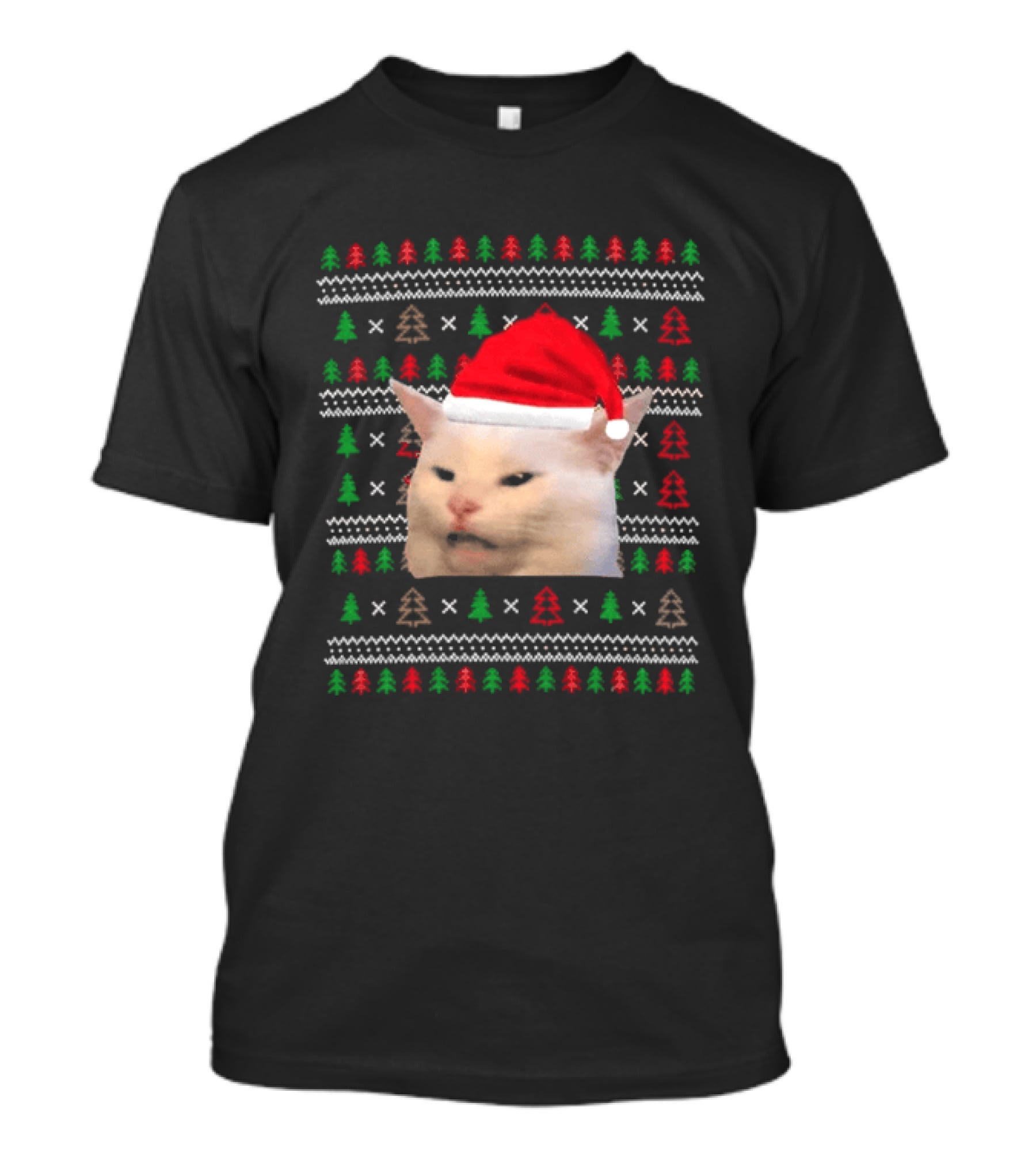 Santa Hat Cat Meme Ugly Christmas Black Tree T-Shirt