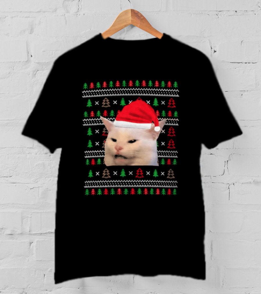 Santa Hat Cat Meme Ugly Christmas Black Tree T-Shirt