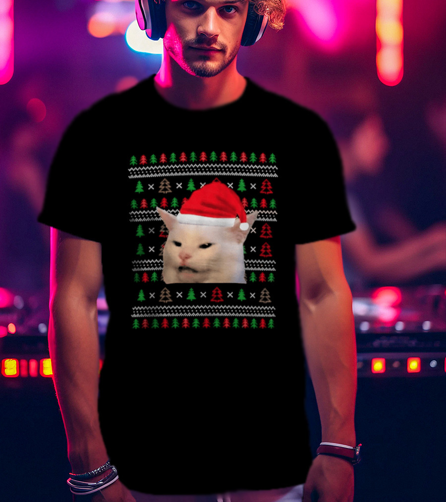 Santa Hat Cat Meme Ugly Christmas Black Tree T-Shirt