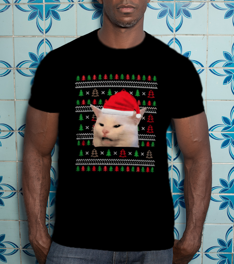 Santa Hat Cat Meme Ugly Christmas Black Tree T-Shirt