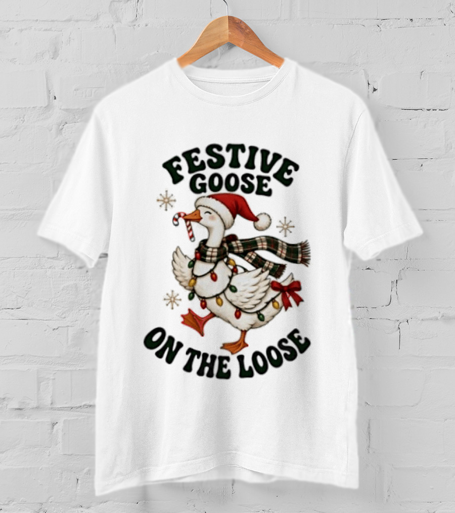 Festive Goose On The Loose Christmas Holiday Lights Scarf Snowflakes T-Shirt