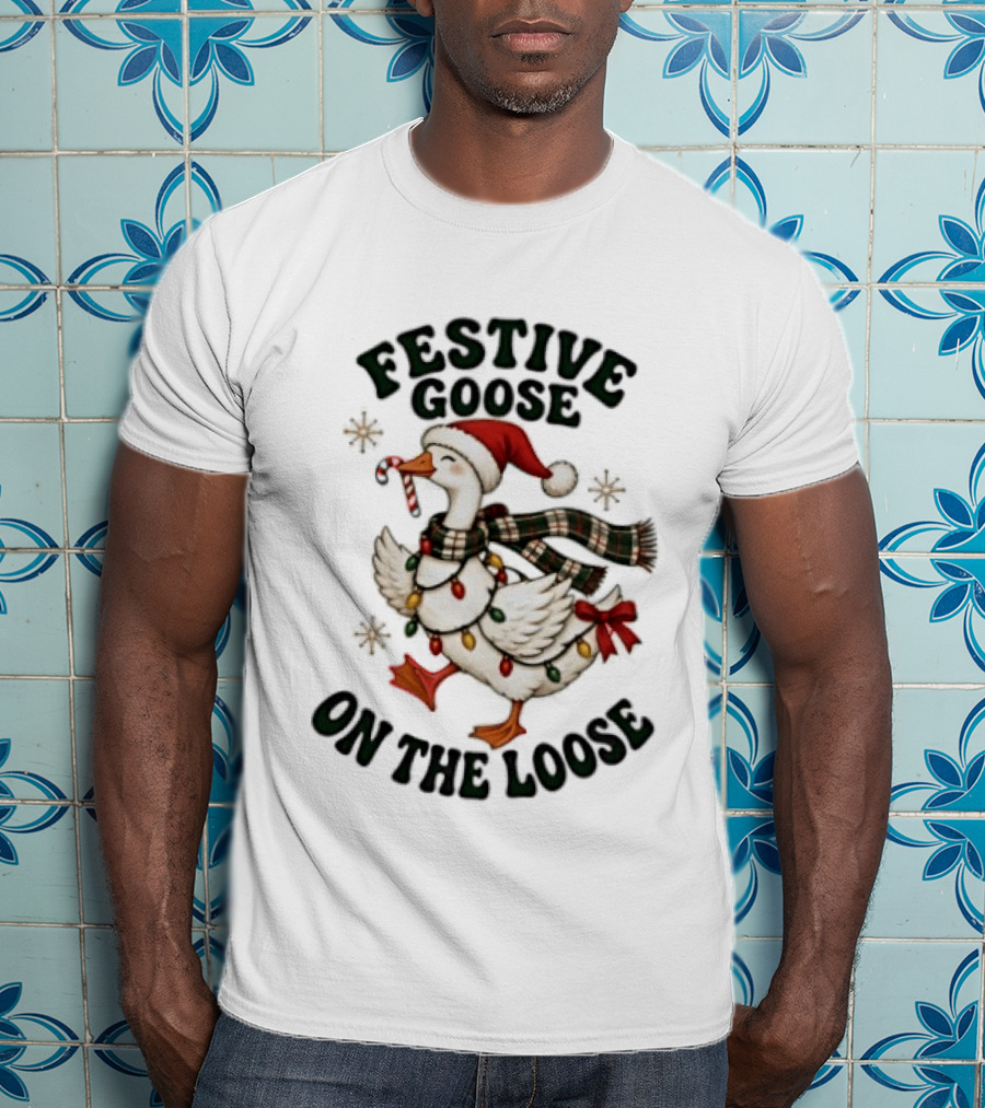 Festive Goose On The Loose Christmas Holiday Lights Scarf Snowflakes T-Shirt