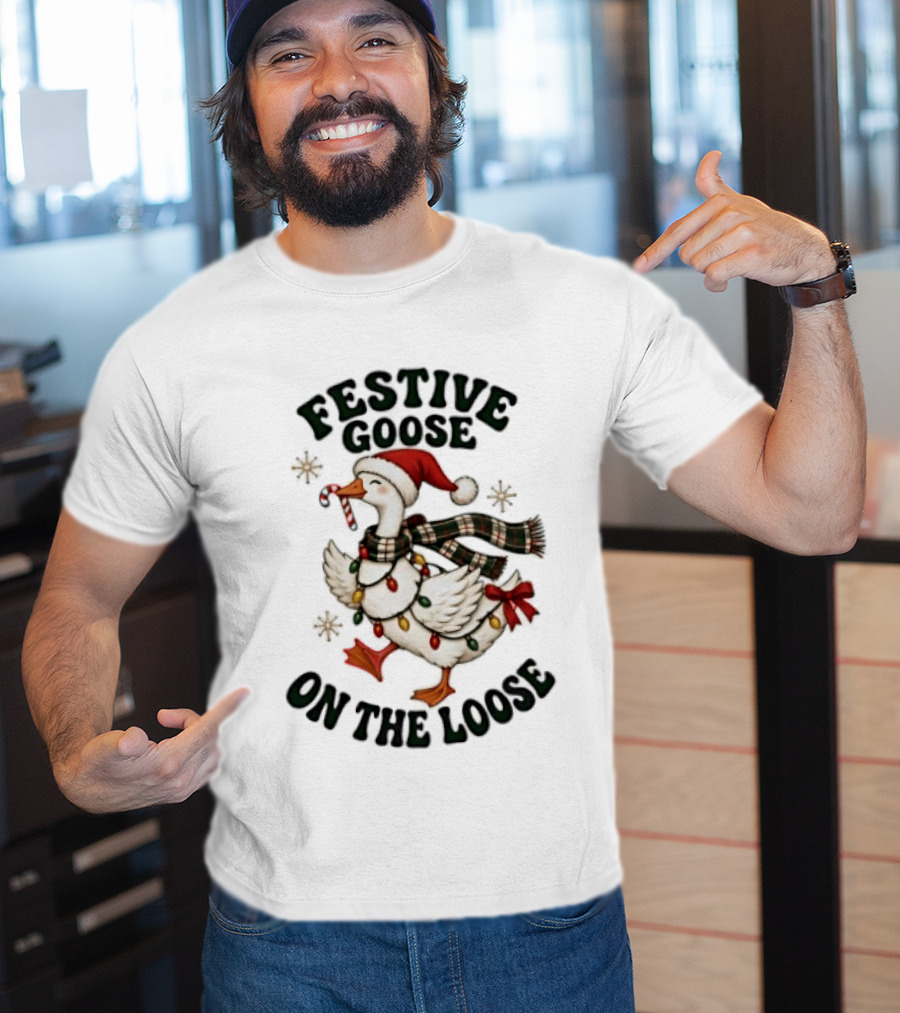 Festive Goose On The Loose Christmas Holiday Lights Scarf Snowflakes T-Shirt