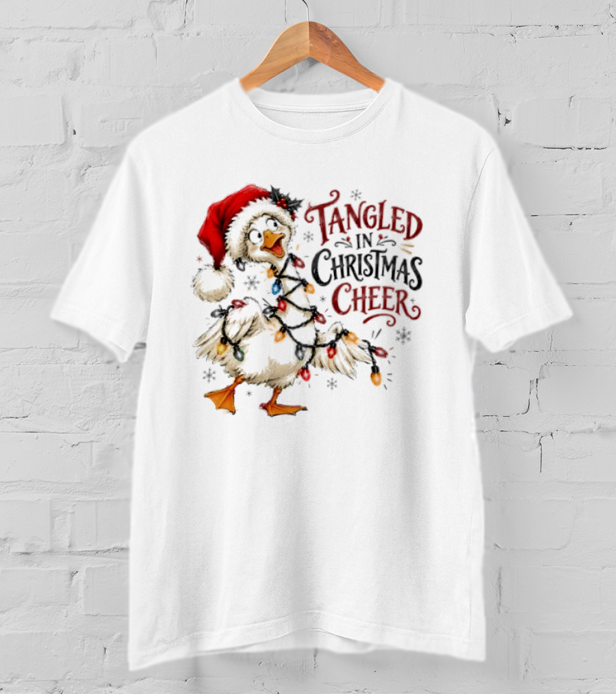 Tangled In Christmas Cheer Goose With Holiday Lights And Santa Hat T-Shirt