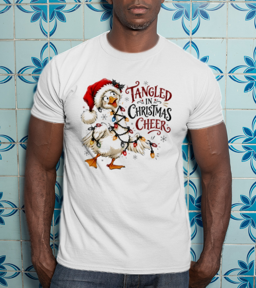Tangled In Christmas Cheer Goose With Holiday Lights And Santa Hat T-Shirt