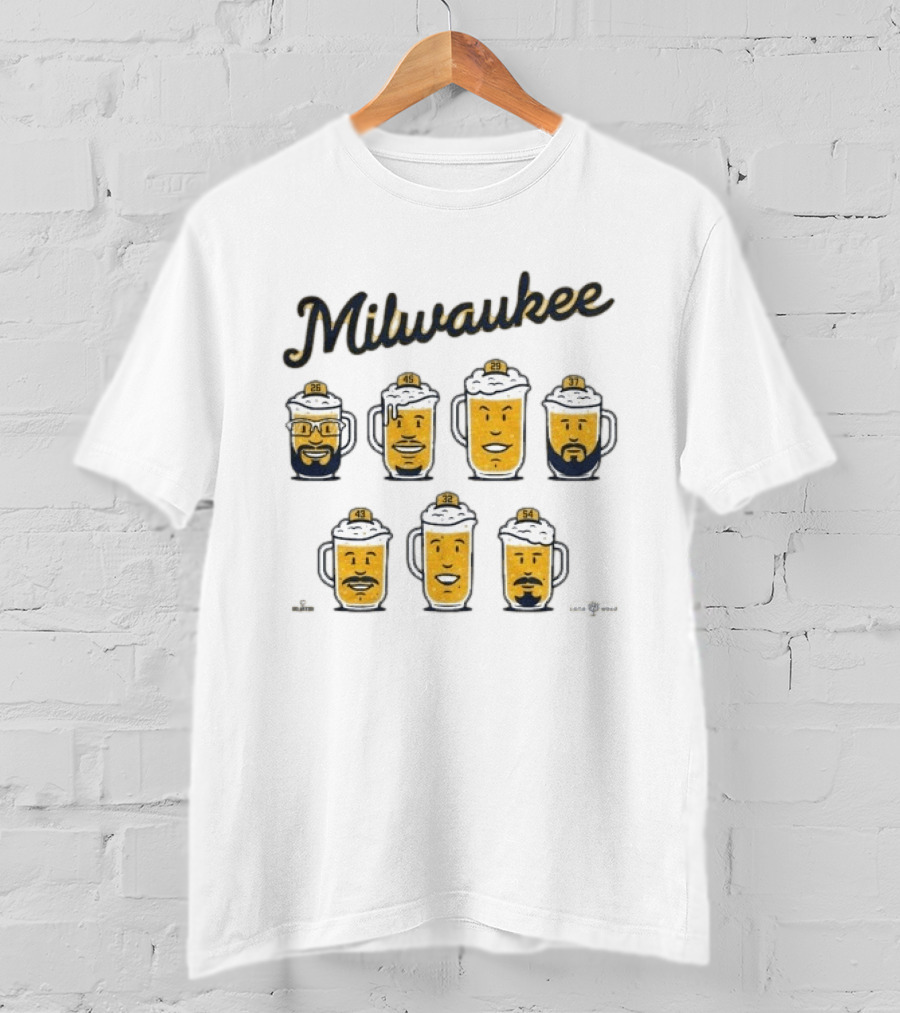 Milwaukee Brewers Beer Characters With Numbers 26 40 43 29 37 32 54 T-Shirt