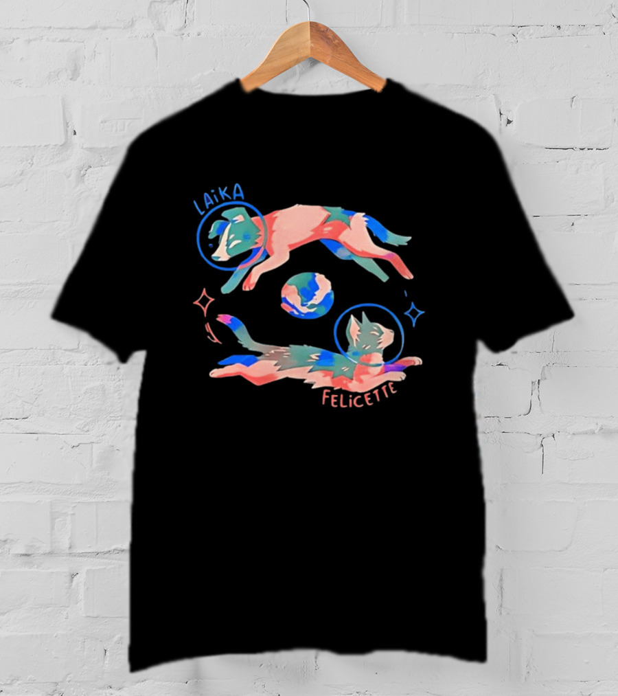 Felicette Cat And Laika Dog Celestial Orbit With Earth And Stars T-Shirt
