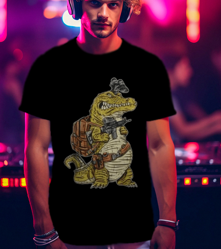 Tactical Alligator With Firearm And Backpack T-Shirt