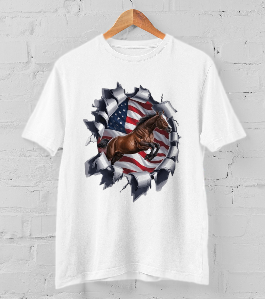 Escaping Horse With American Flag Background 3D Effect T-Shirt