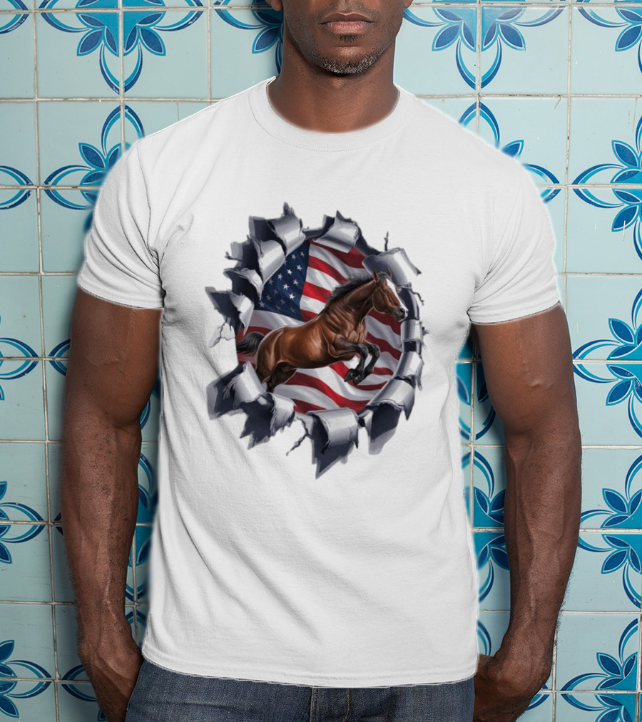 Escaping Horse With American Flag Background 3D Effect T-Shirt
