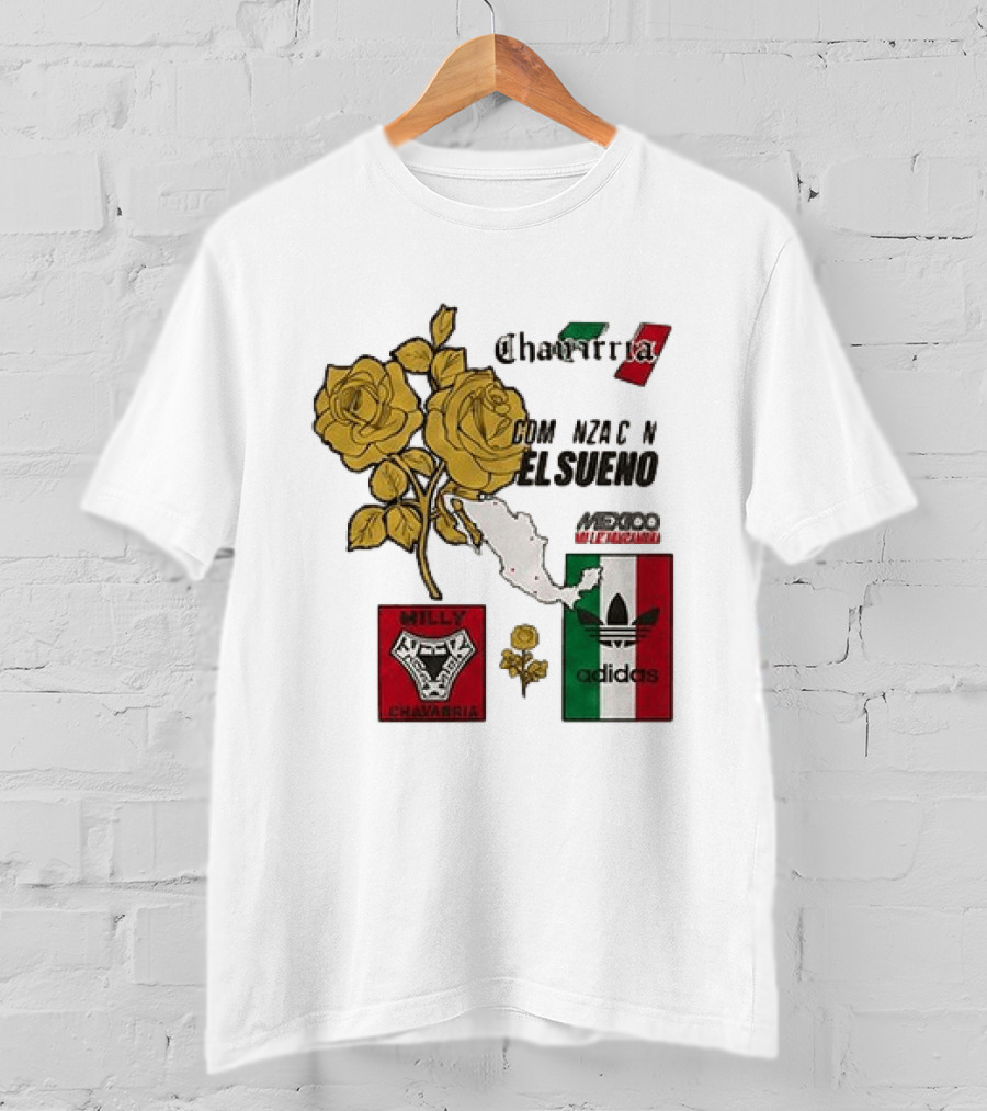 Mexico Willy Chavarria Adidas Comienza Con El Sueno 2026 Collaboration Gold Roses Map Mexican Flag T-Shirt