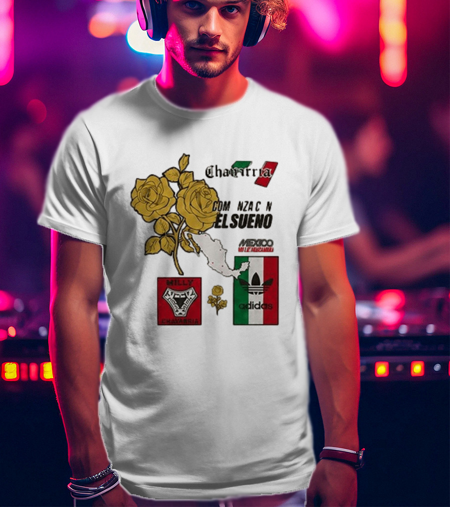 Mexico Willy Chavarria Adidas Comienza Con El Sueno 2026 Collaboration Gold Roses Map Mexican Flag T-Shirt