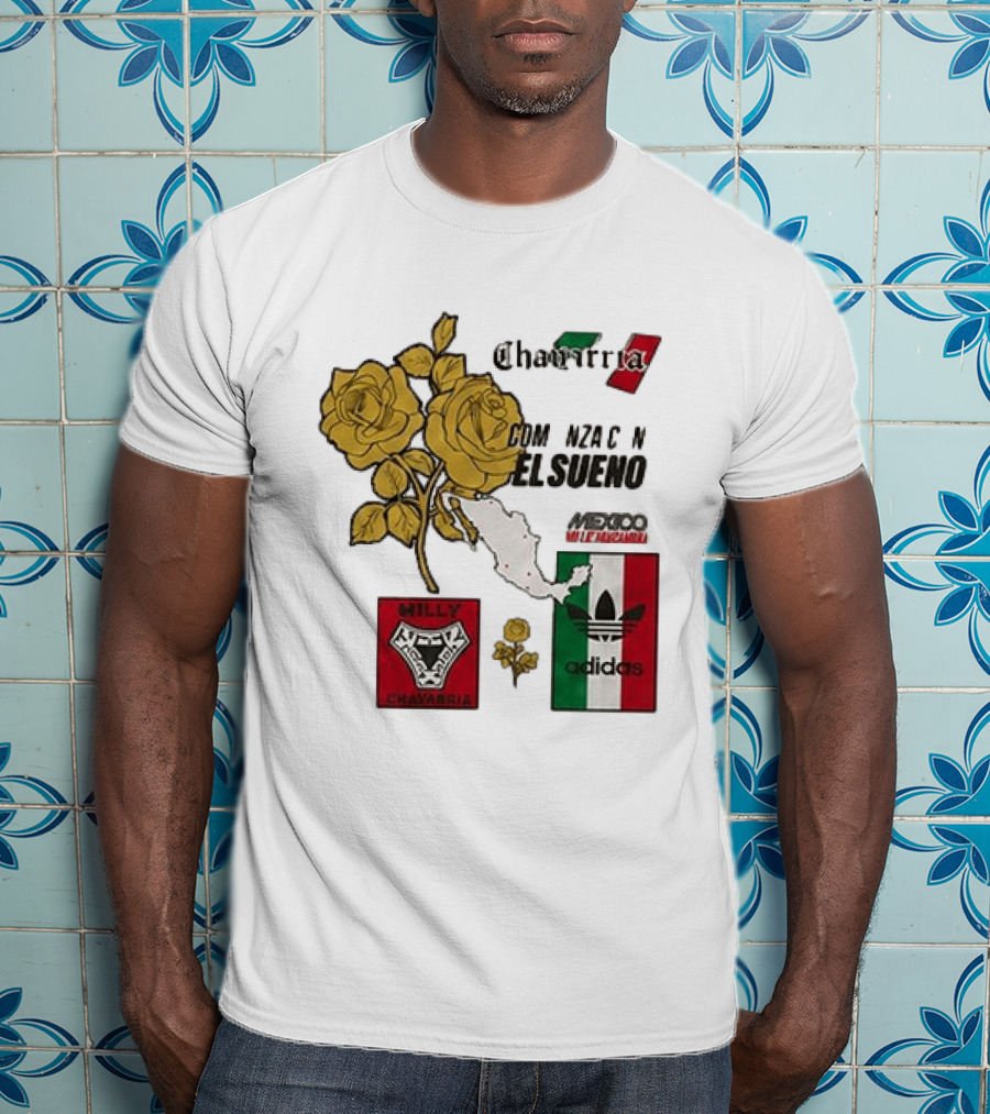 Mexico Willy Chavarria Adidas Comienza Con El Sueno 2026 Collaboration Gold Roses Map Mexican Flag T-Shirt