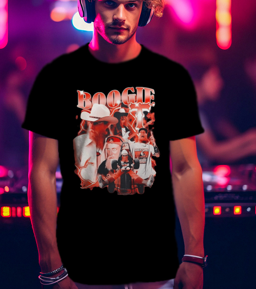Boogie Get Faced Cowboy Hat Guitar Racing Collage T-Shirt