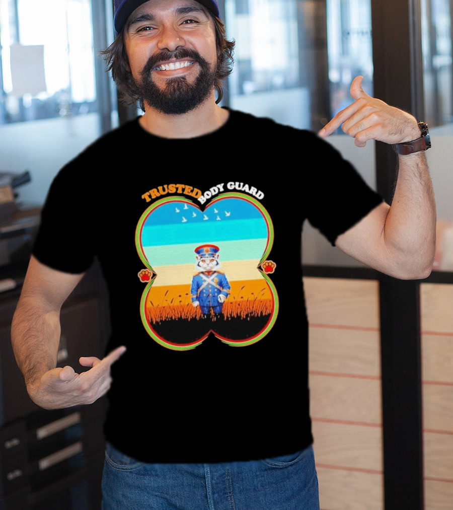 Trusted Body Guard Cat In Uniform With Sunset And Bird T-Shirt