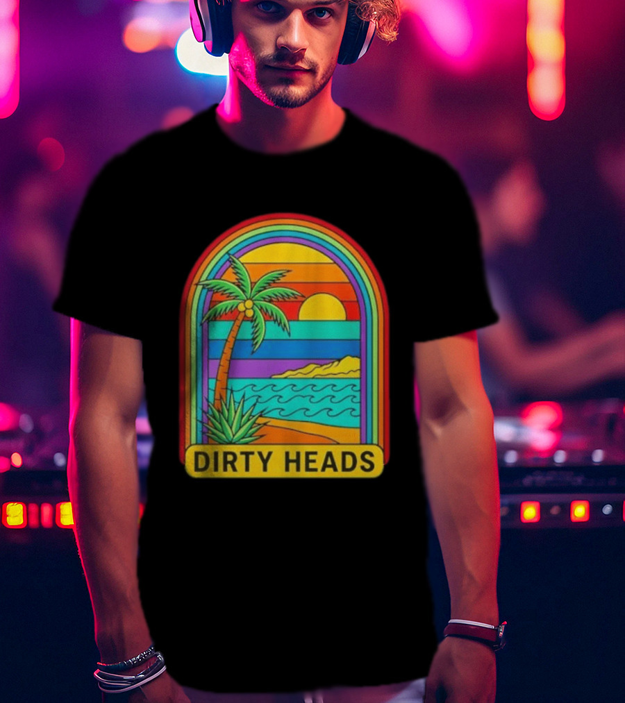 Dirty Heads Vibrant Sunset Beach Scene With Palm Tree And Waves T-Shirt