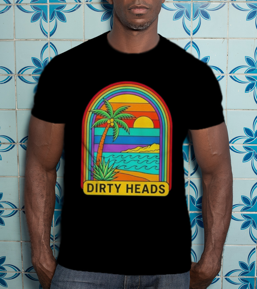 Dirty Heads Vibrant Sunset Beach Scene With Palm Tree And Waves T-Shirt