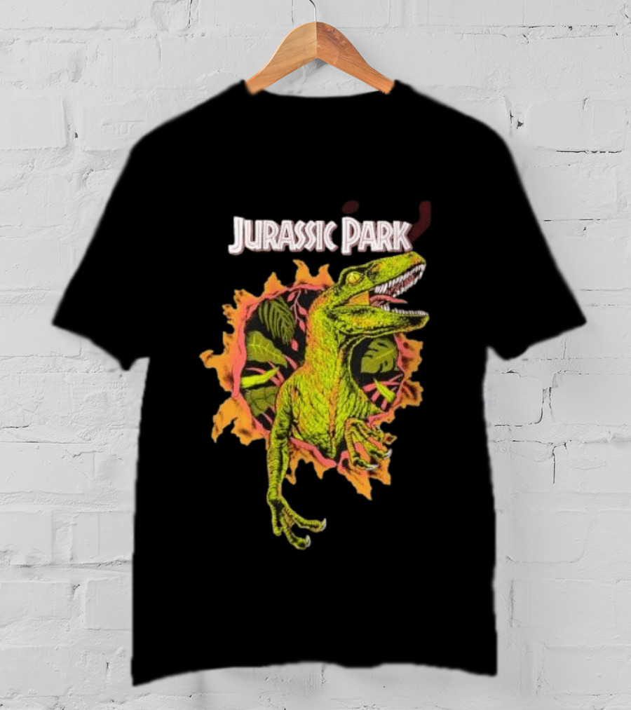 Velociraptor Jurassic Park Dinosaur Breaking Through Wall T-Shirt
