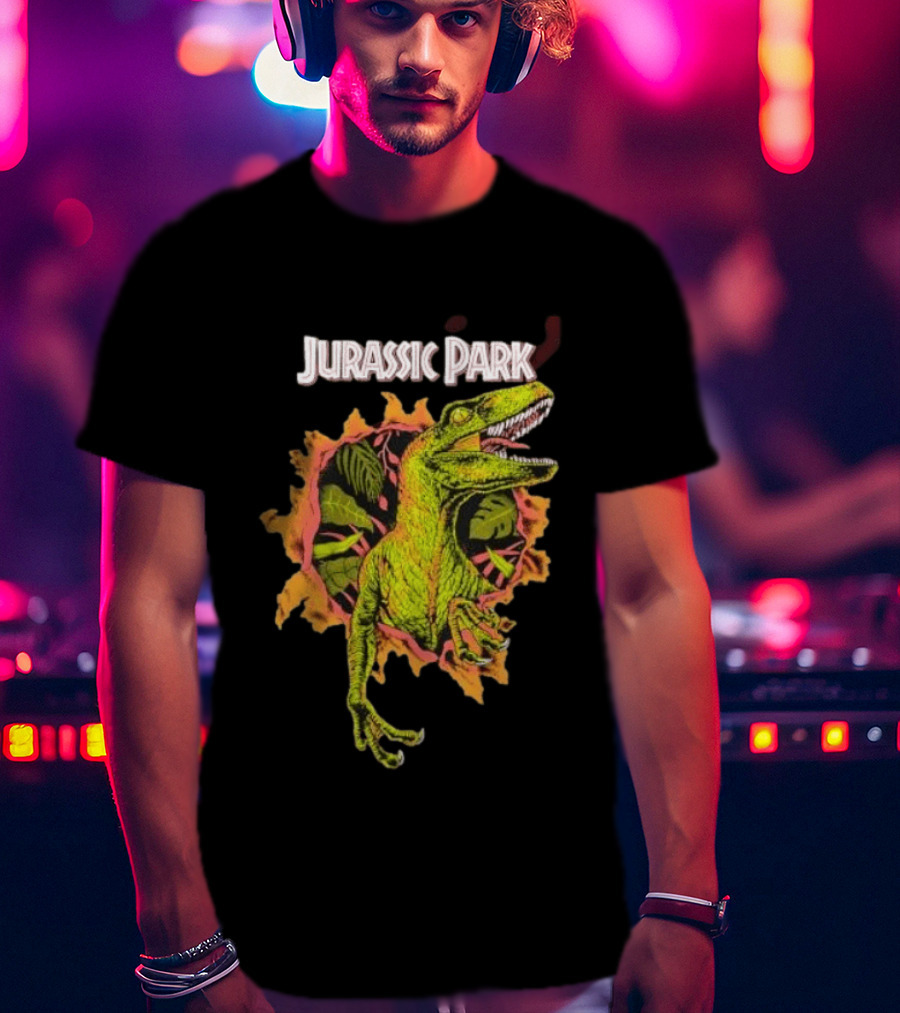 Velociraptor Jurassic Park Dinosaur Breaking Through Wall T-Shirt