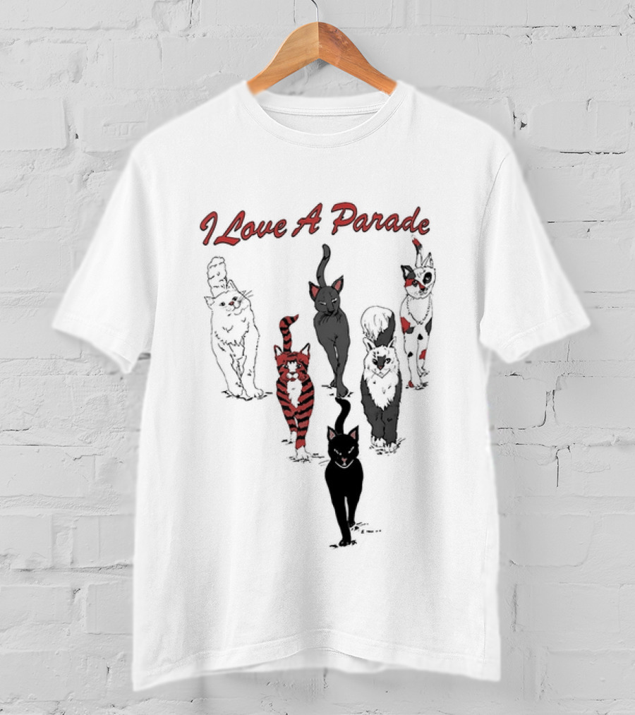 I Love A Parade Walking Cats Black Silhouettes Red Stripes T-Shirt
