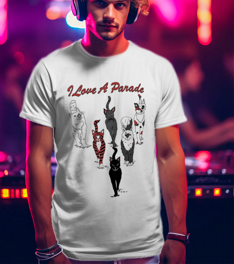 I Love A Parade Walking Cats Black Silhouettes Red Stripes T-Shirt