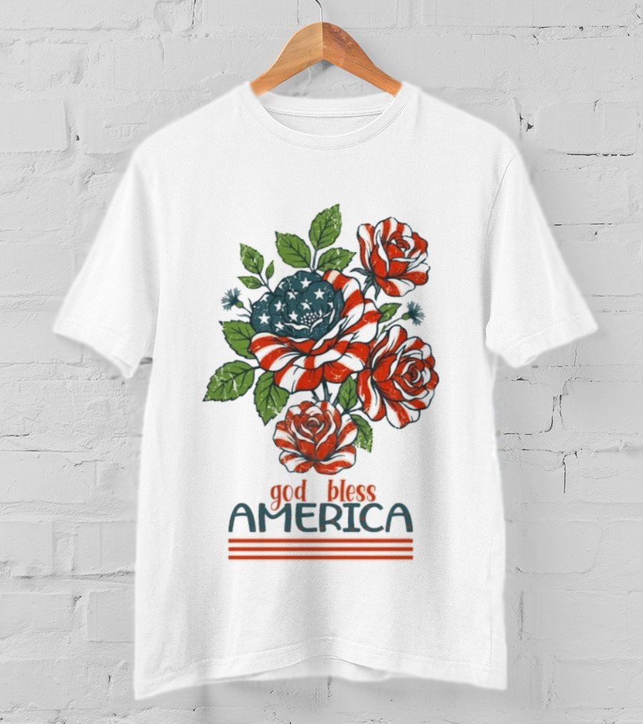 Patriotic Floral God Bless America Roses With Red White Blue Stripes T-Shirt