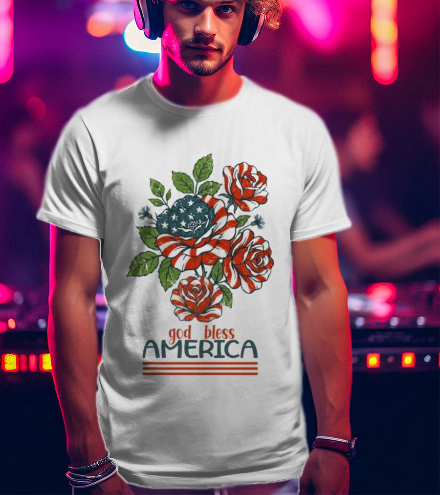 Patriotic Floral God Bless America Roses With Red White Blue Stripes T-Shirt