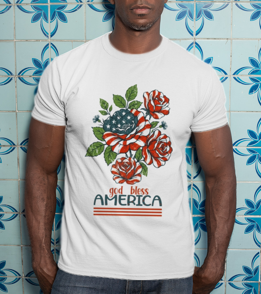 Patriotic Floral God Bless America Roses With Red White Blue Stripes T-Shirt