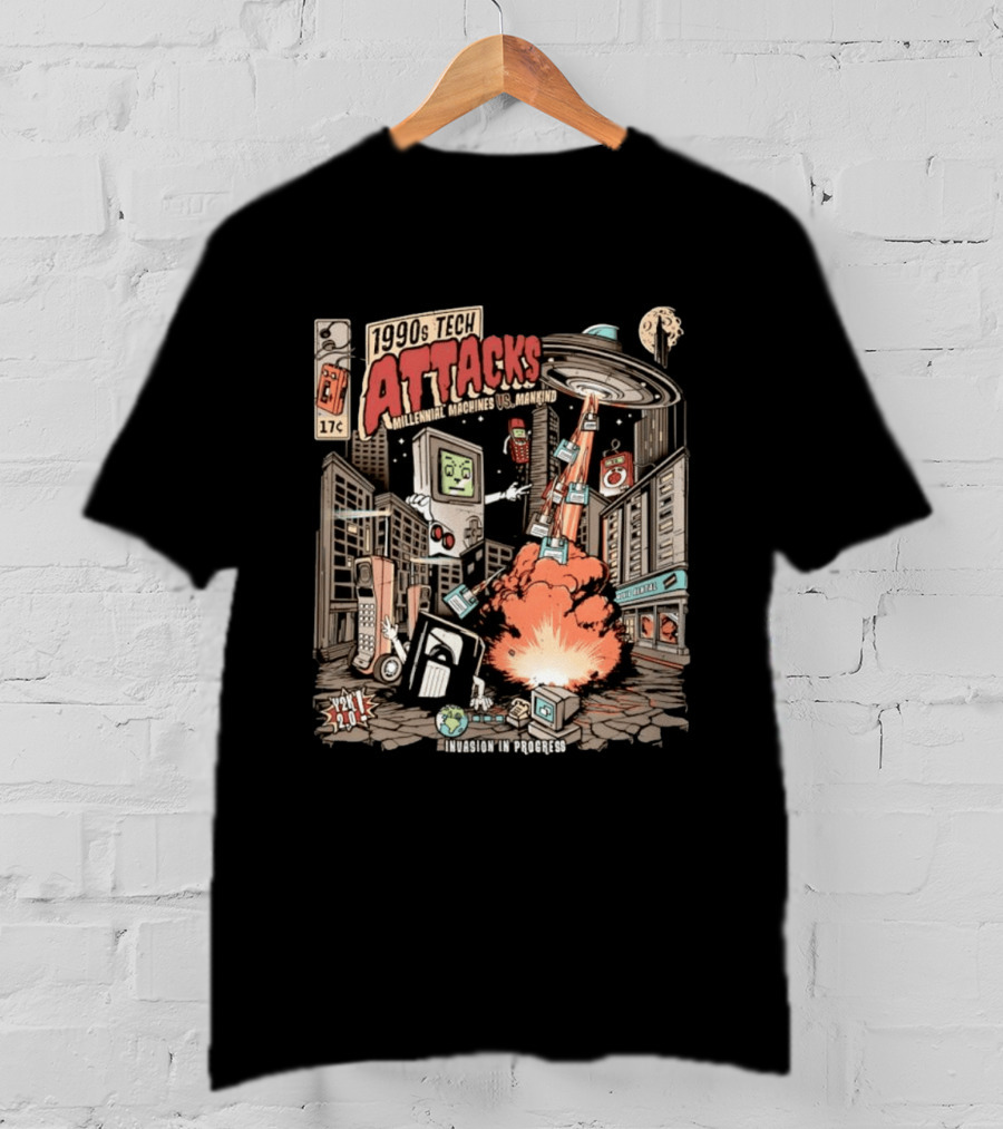 1990s Tech Attacks Millennial Machines Vs Mankind Invasion In Progress Y2K 2.0 T-Shirt