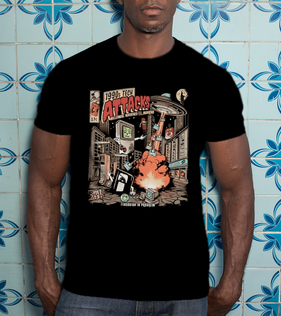 1990s Tech Attacks Millennial Machines Vs Mankind Invasion In Progress Y2K 2.0 T-Shirt