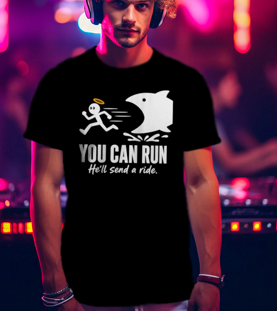 Angel Fleeing Shark You Can Run He'll Send A Ride Humor T-Shirt