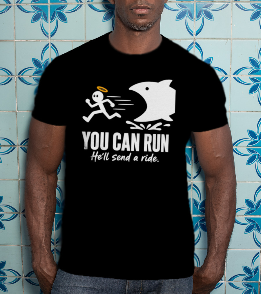 Angel Fleeing Shark You Can Run He'll Send A Ride Humor T-Shirt