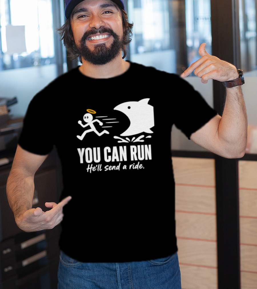 Angel Fleeing Shark You Can Run He'll Send A Ride Humor T-Shirt