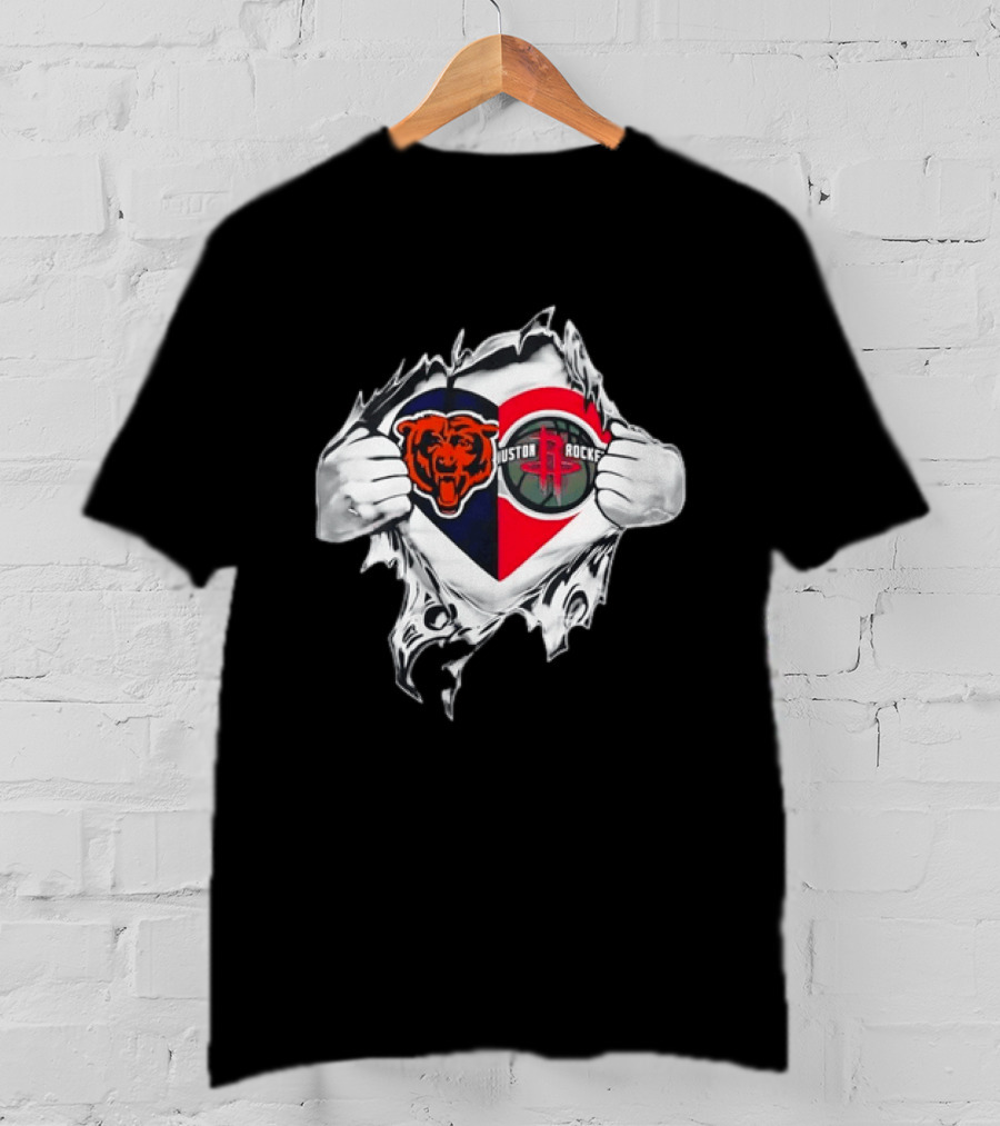 Chicago Bears Houston Rockets Ripped Chest Duo Logo Fan Gear T-Shirt