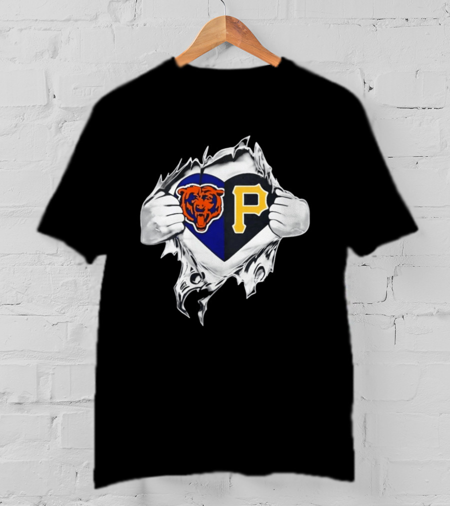 Chicago Bears Pittsburgh Pirates Heart Ripped Open Dual Team Loyalty T-Shirt