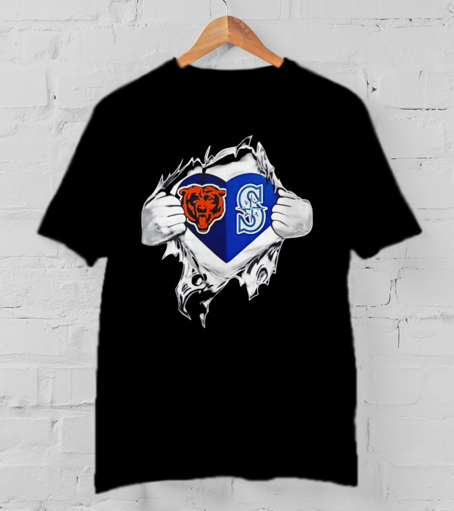 Chicago Bears Seattle Mariners Heart Ripping Through Chest Sports Fan T-Shirt